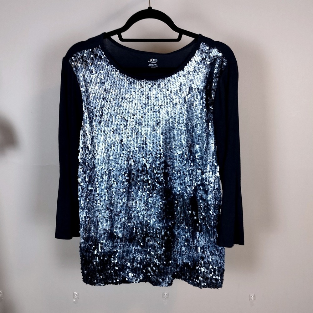 Joe Fresh Sequin Front Rayon Knit Top Navy Blue Silver XL